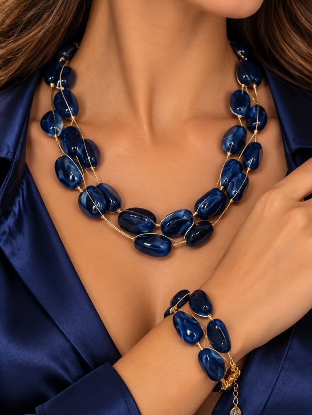A7 Elegant Navy Bead Double Strand Necklace and Bracelet Set - Women's Jewelry